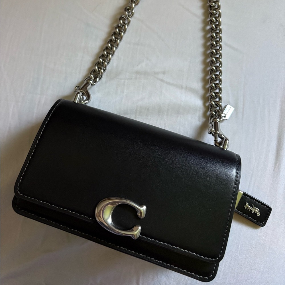 Coach Black Leather Crossbody Bag with Silver Chain